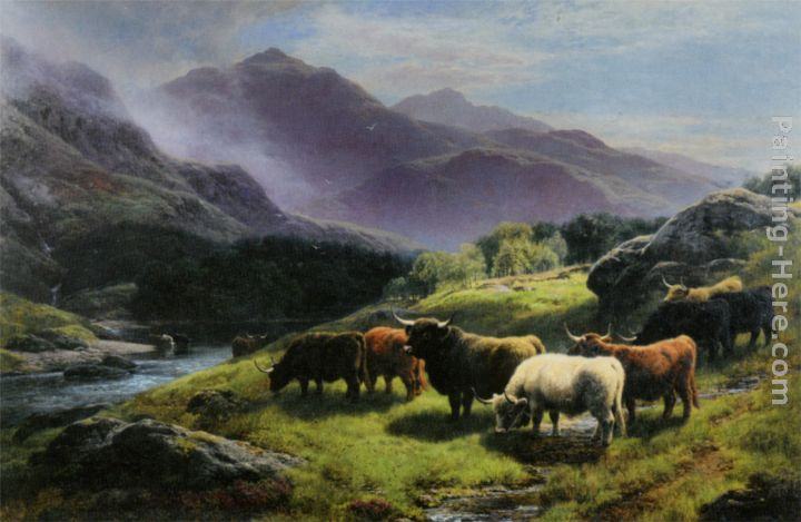 William Watson Highland Cattle Grazing by a Mountain Stream